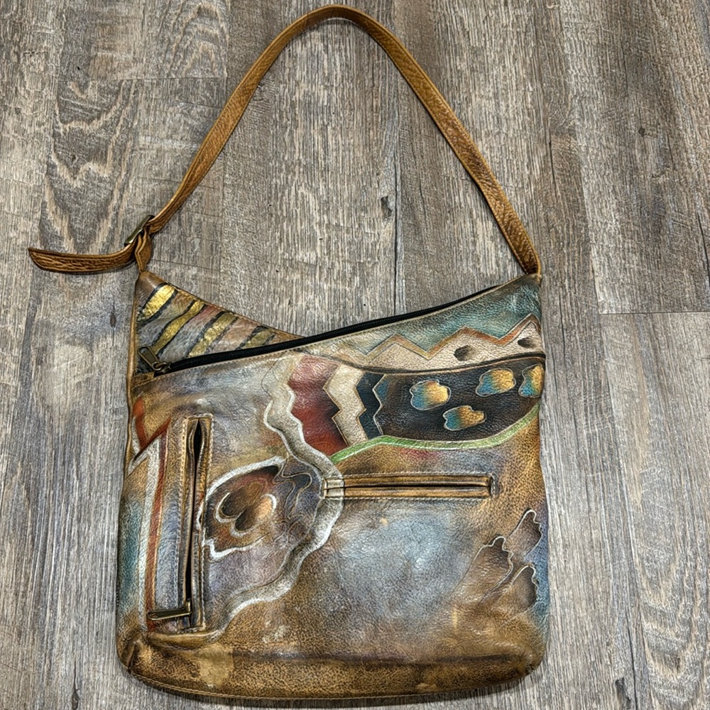Anuschka Hand Painted Leather Hobo Crossbody Adjustable Handbag